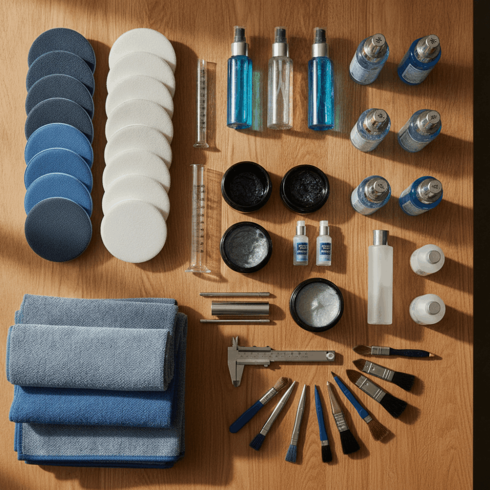 Matériel professionnel de detailing automobile organisé sur établi : pads de polissage, microfibres et produits spécialisés