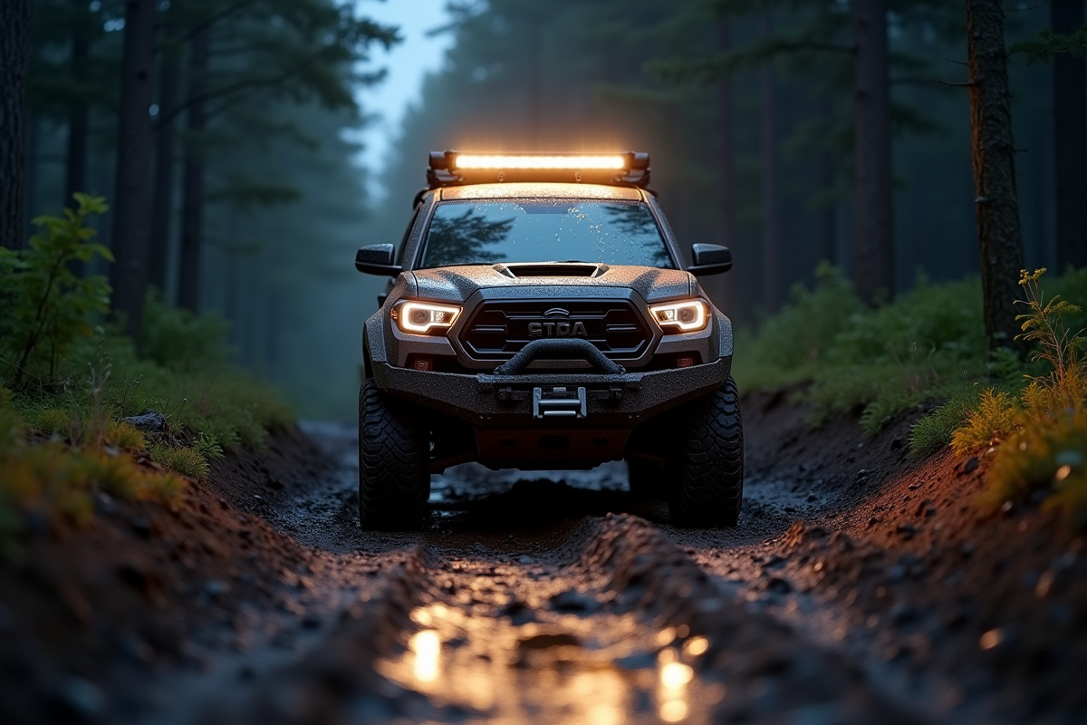 Véhicule 4x4 sur sentier boueux en forêt au crépuscule
