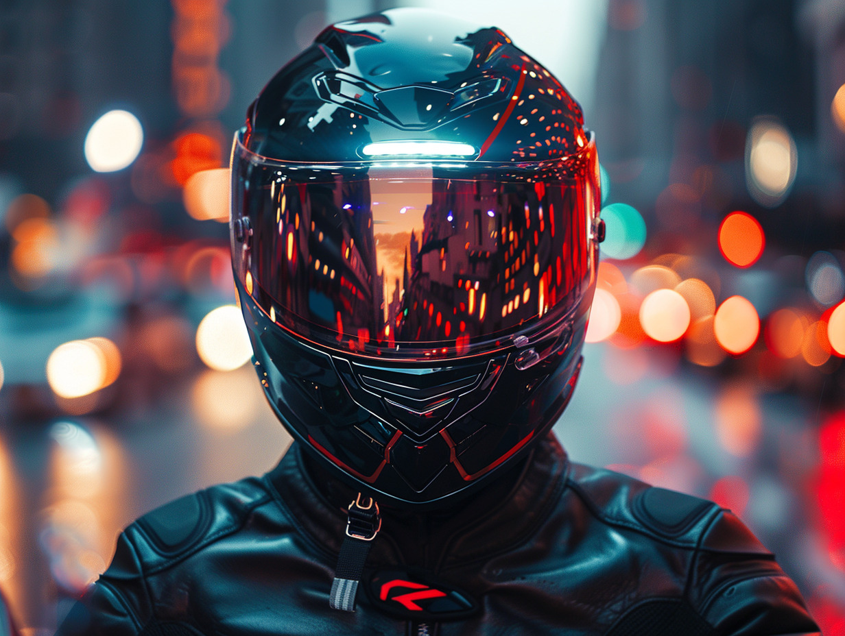 casque moto + bandes réfléchissantes