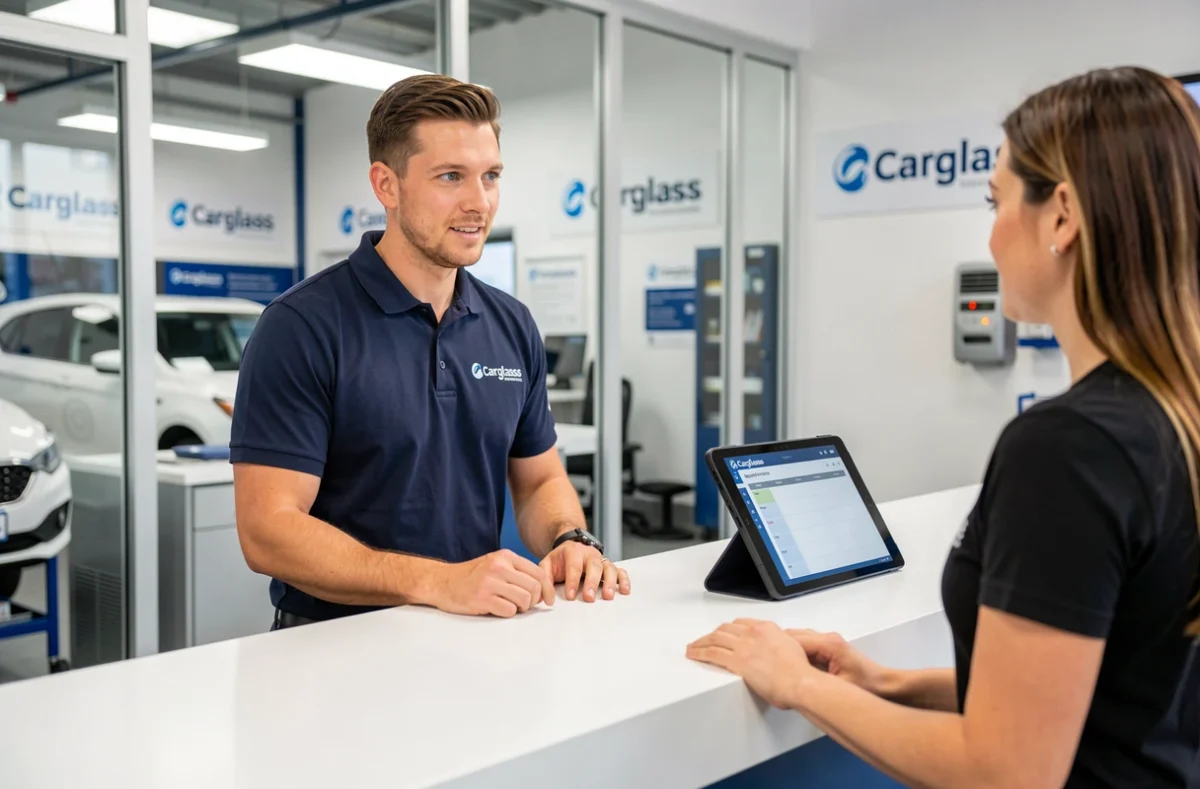 Technicien Carglass accueillant un client à la réception d'un centre de réparation pour un rendez-vous préalablement réservé en ligne