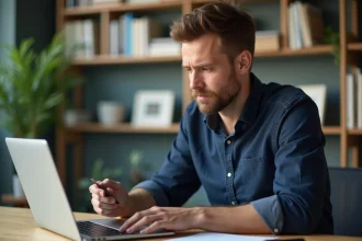 Homme consultant un site d'achat de voiture d'occasion sur un ordinateur portable avec une carte bancaire à la main