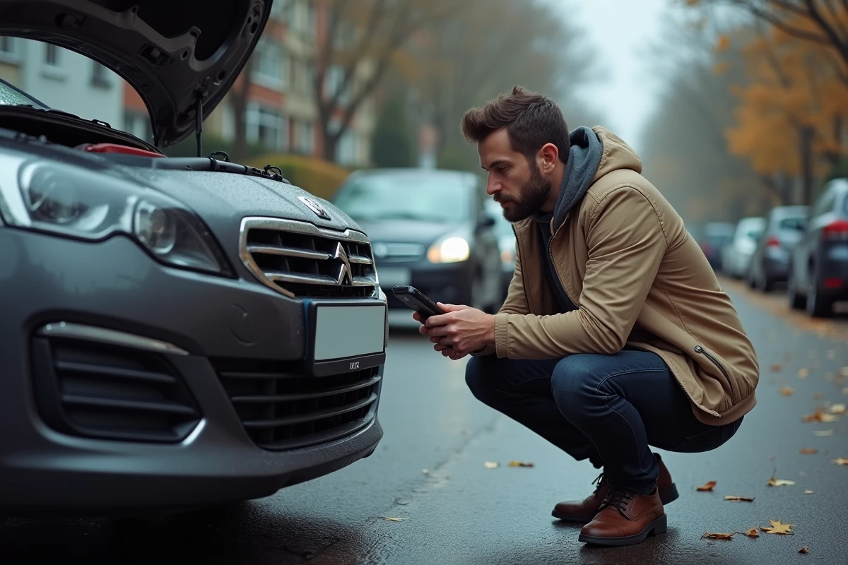 Acheteur examinant le moteur HDi d'une voiture d'occasion dans une rue résidentielle