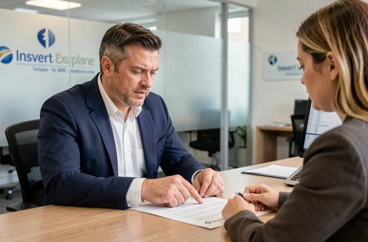 Agent d'assurance expliquant les conditions de résiliation d'un contrat auto à un client