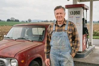Agriculteur en zone rurale faisant le plein à une petite station-service de campagne en France