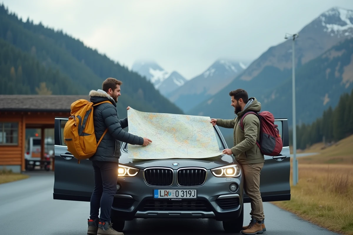Couple consultant une carte routière au bord d'une autoroute dans les Alpes françaises lors d'un voyage touristique