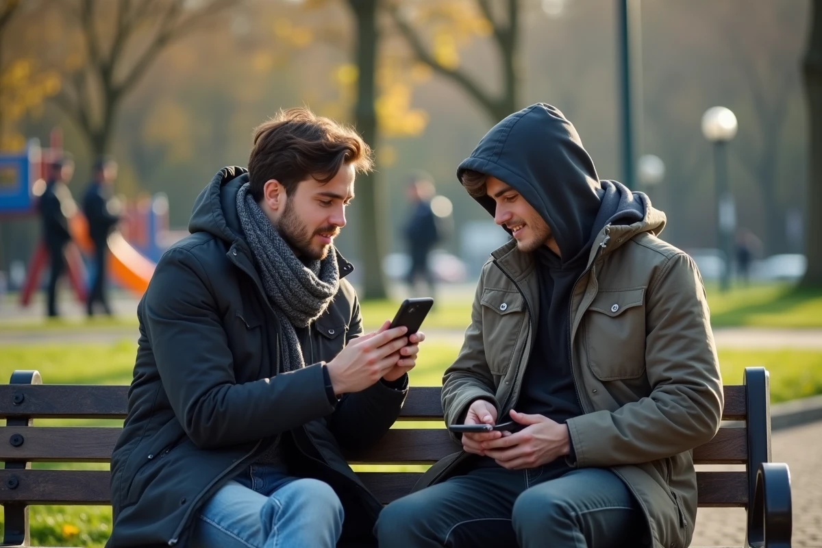 Deux jeunes hommes discutant sur un banc dans un parc