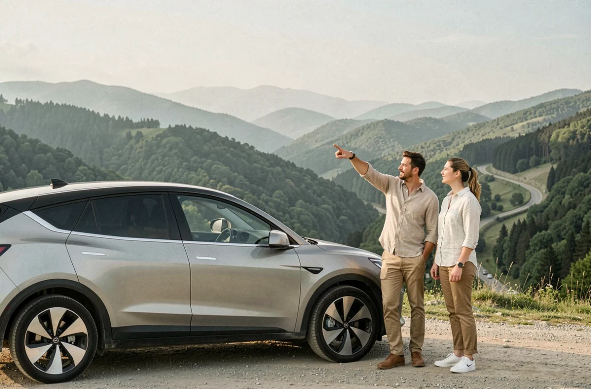 Deux amis admirant le paysage de montagne depuis un SUV électrique crossover lors d'un road trip