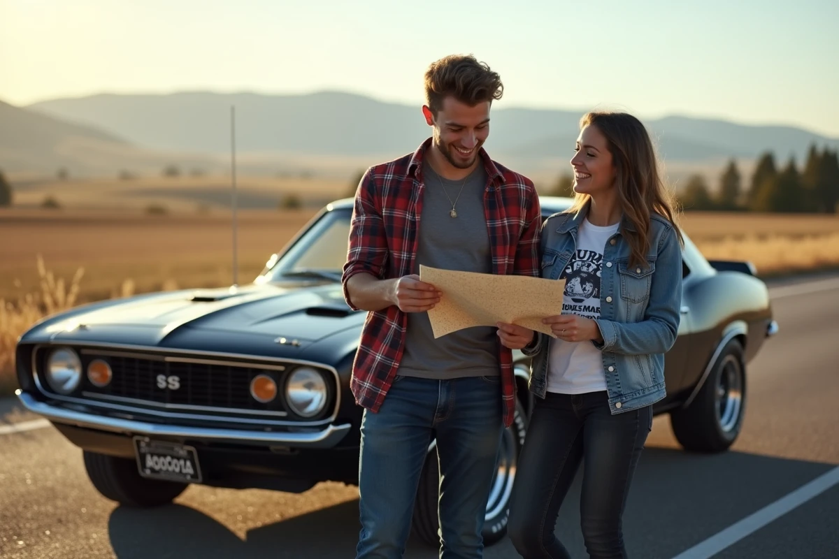Deux amis rient près d'une voiture de muscle classique sur la route
