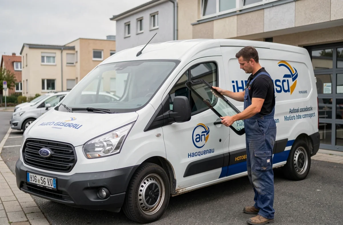 Technicien d'A+Glass Haguenau déchargeant un pare-brise de remplacement devant un bâtiment commercial