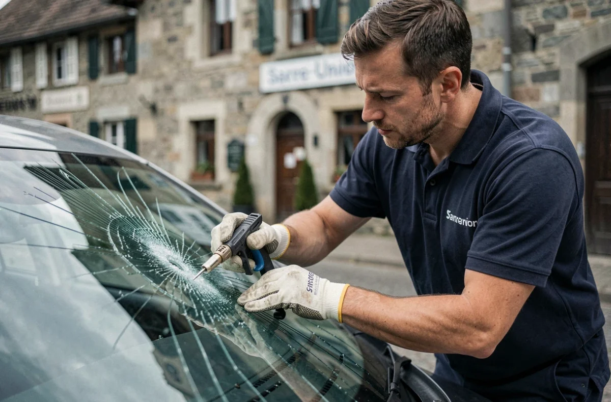 Technicien d'A+Glass Sarre-Union réparant un pare-brise fissuré sur un véhicule garé