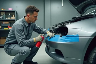 Technicien automobile appliquant une bombe de peinture carrosserie sur un panneau masqué avec du ruban adhésif bleu dans un atelier