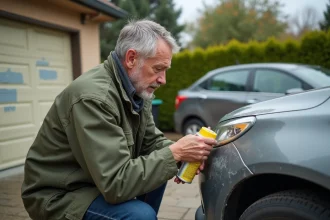 Homme appliquant un rénovateur plastique sur un pare-chocs de voiture grisé et oxydé dans une allée résidentielle