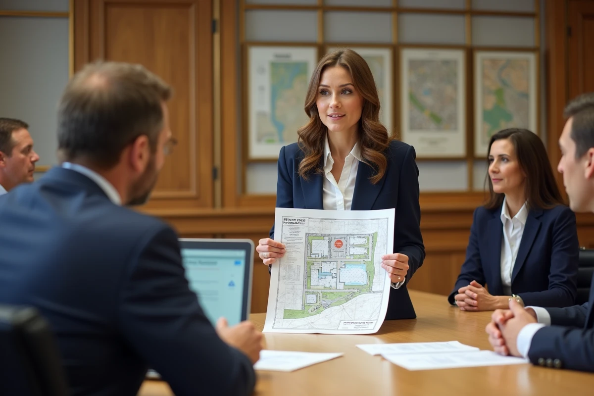 Architecte présentant un dossier de conformité des dimensions de places de parking à des représentants de la mairie en réunion