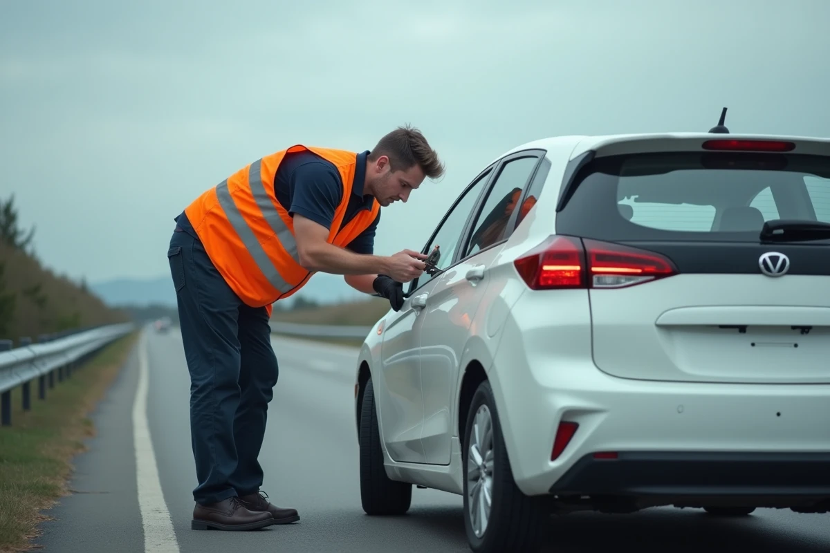 Technicien d'assistance routière ouvrant une voiture centralisée bloquée sur le bord d'une autoroute avec un outil à longue portée