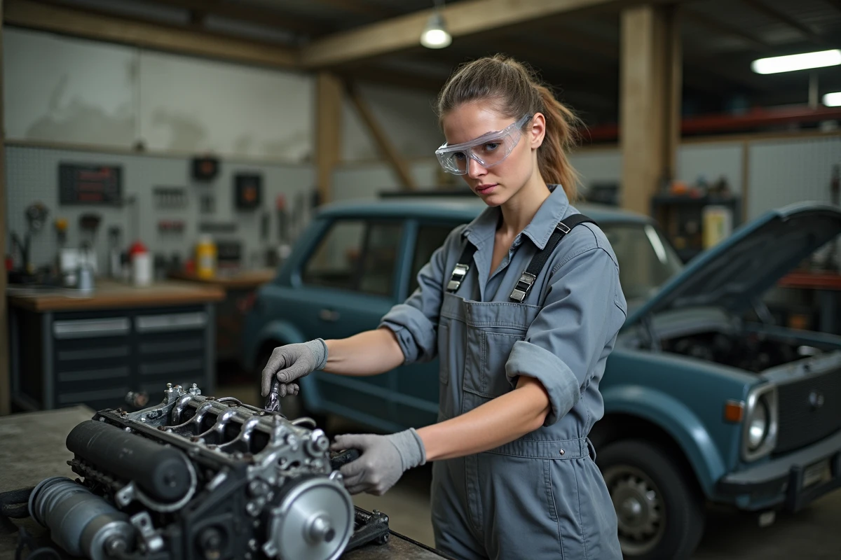 Mécanicienne démontant des pièces de récupération dans un atelier de casse auto près de Sélestat
