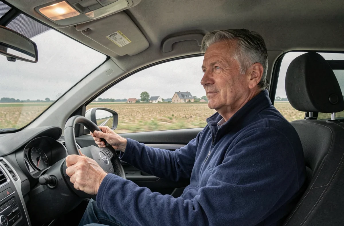 Moniteur de l'auto-école AES en voiture dans le paysage rural près d'Aillant-sur-Tholon dans l'Yonne