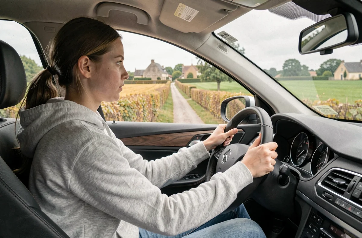 Élève de l'auto-école AJ au volant sur une route rurale près de Maillot dans l'Yonne