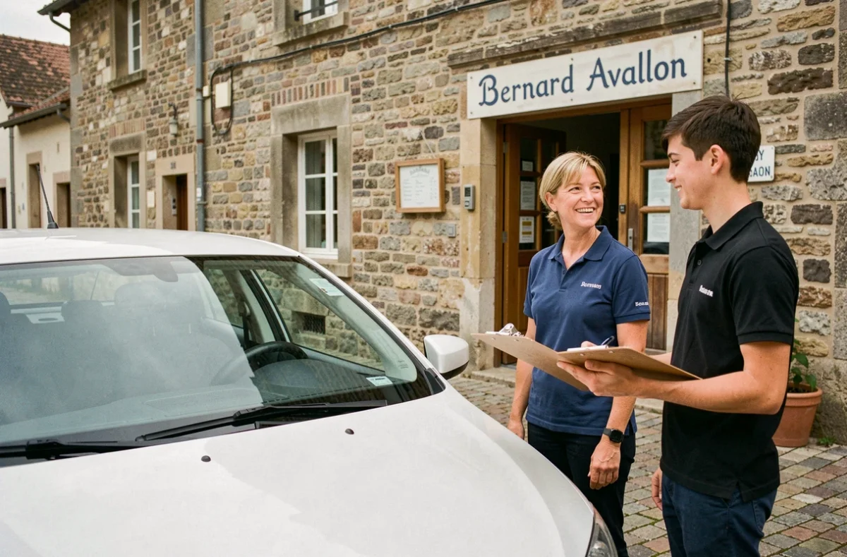 Monitrice de l'auto-école Bernard Avallon avec un élève devant l'agence à Avallon dans l'Yonne