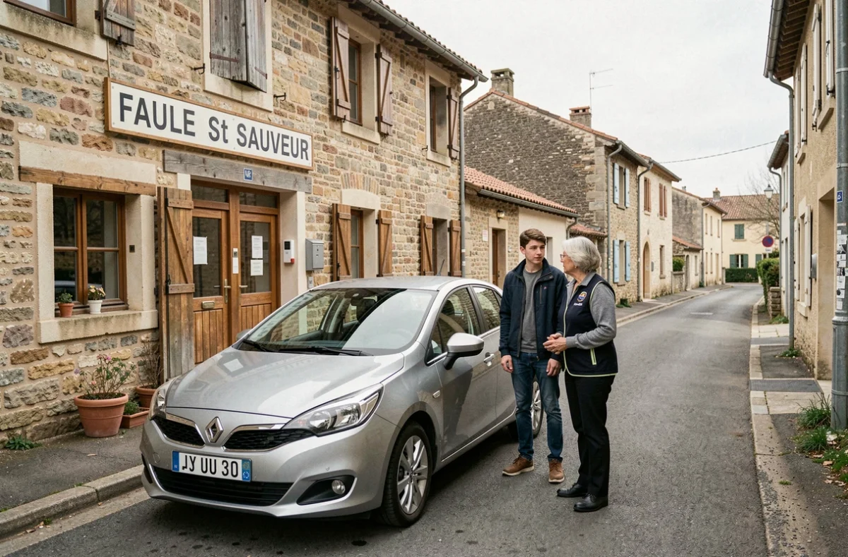 Façade de l'auto-école FAULE St Sauveur dans un village de la Puisaye dans l'Yonne avec monitrice et élève
