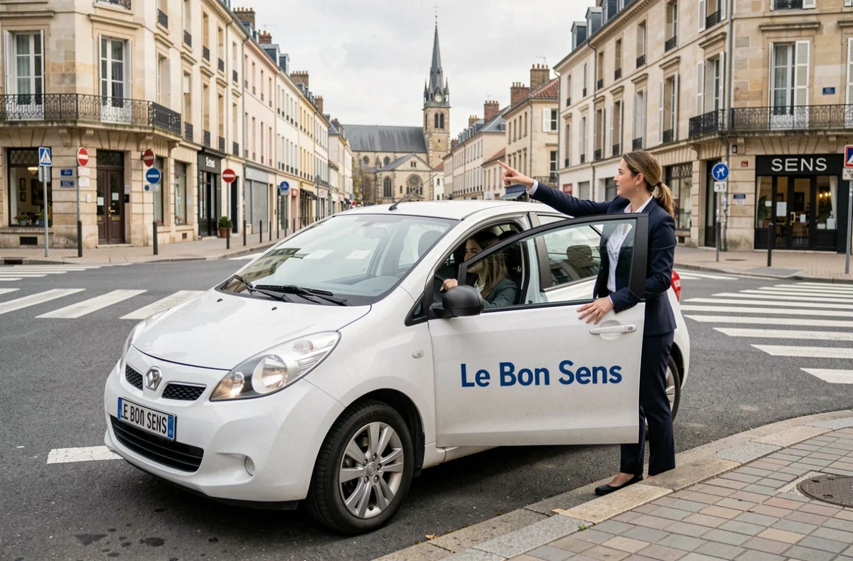 Voiture de l'Auto Ecole Le Bon Sens à une intersection du centre-ville de Sens avec monitrice et élève