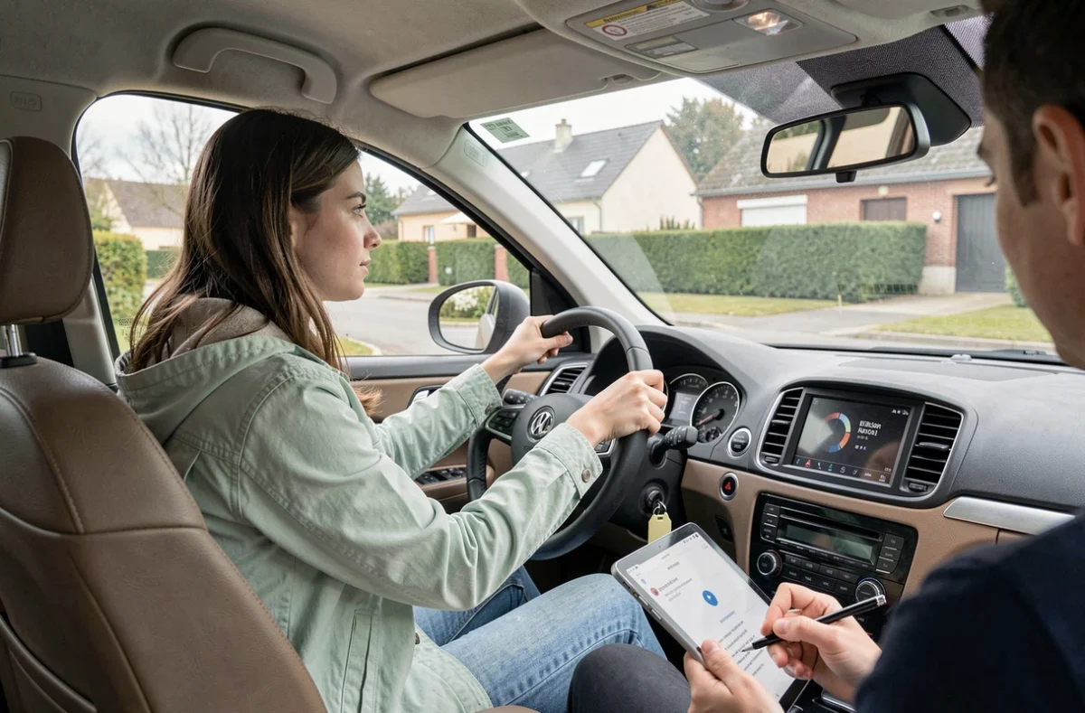 Élève de l'Auto Ecole de Paron au volant dans une rue résidentielle de Paron dans l'Yonne
