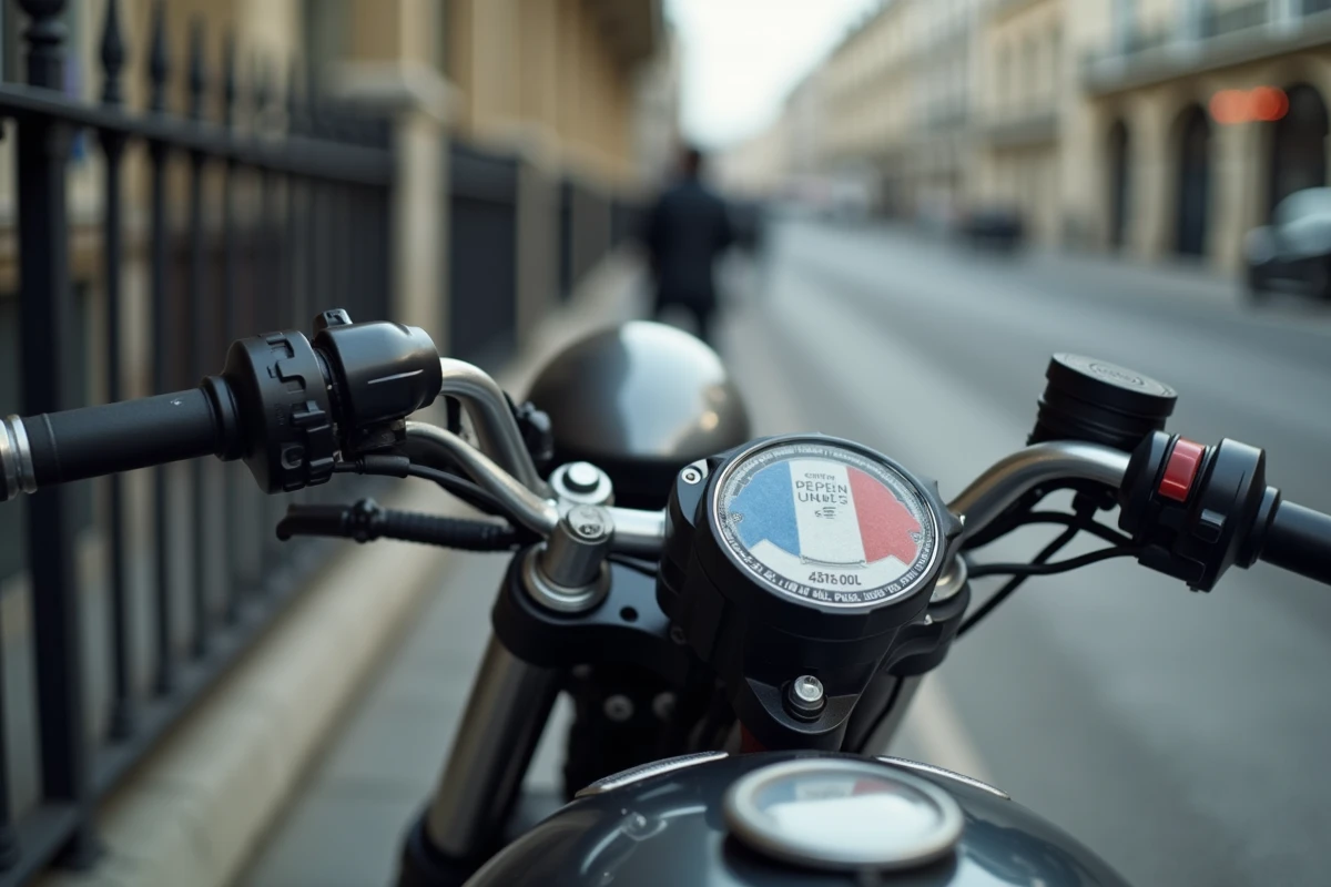 Autocollant de contrôle technique moto apposé sur la fourche avant d'une moto garée en ville