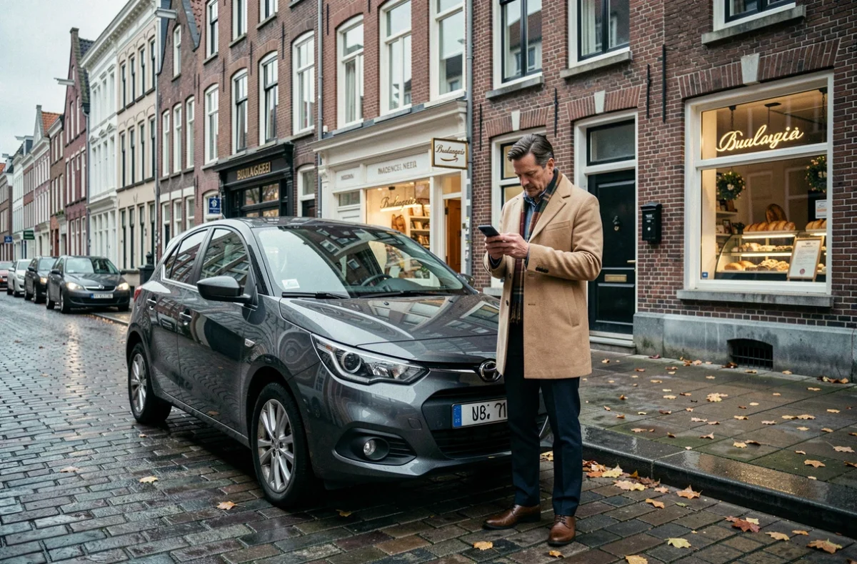 Automobiliste consultant une comparaison d'assurance auto sur smartphone à Lille