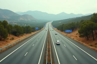 Vue grand angle d'une autoroute française traversant les collines de Provence avec panneaux de signalisation et paysage méditerranéen