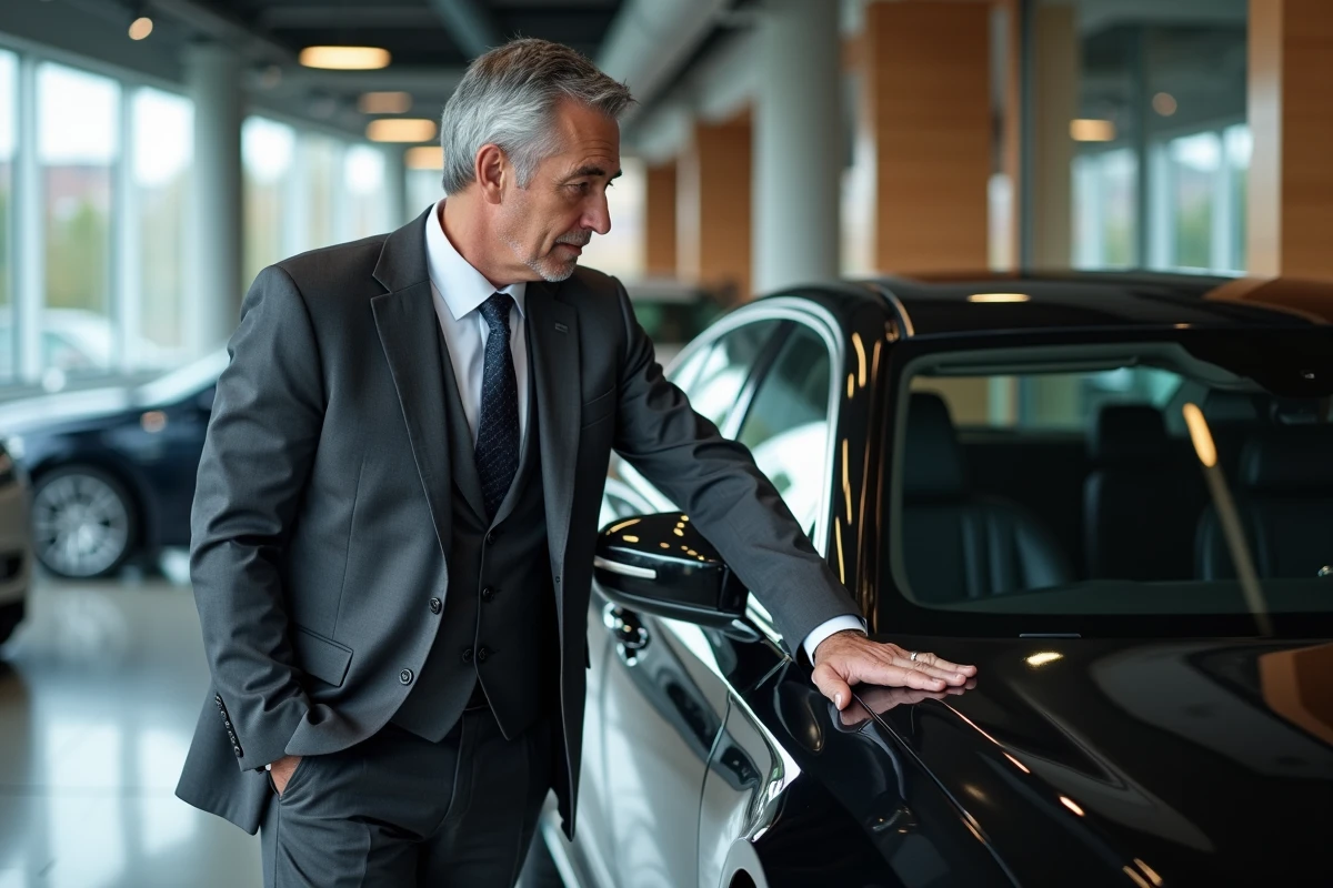 Homme en costume examinant une voiture de luxe dans une concession automobile haut de gamme pour un avis vente auto prestige