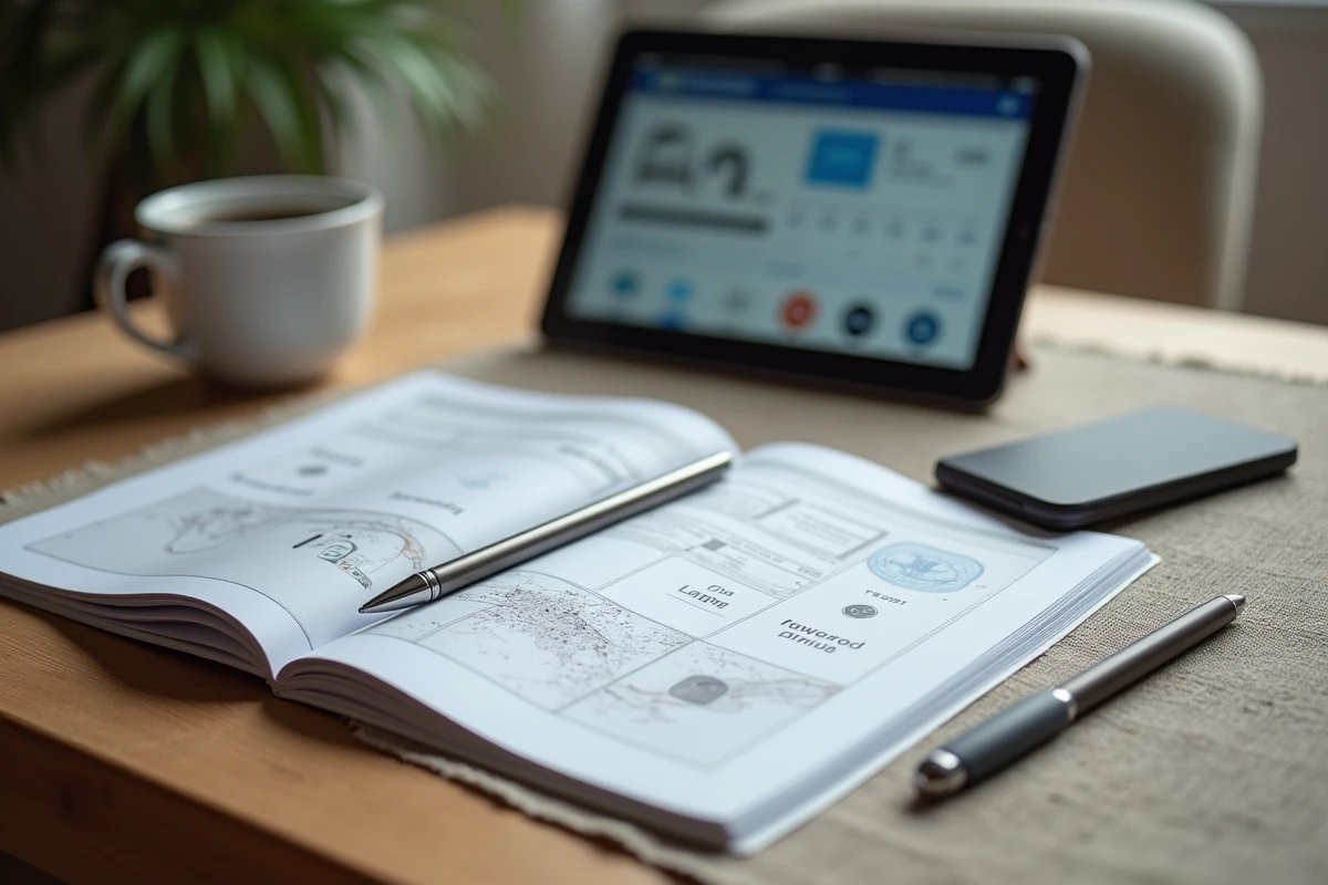 Bureau avec livret de code de la route, stylo et tablette affichant une plateforme d'auto-école en ligne