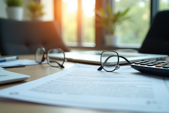 Bureau organisé avec documents d'assurance et ordinateur
