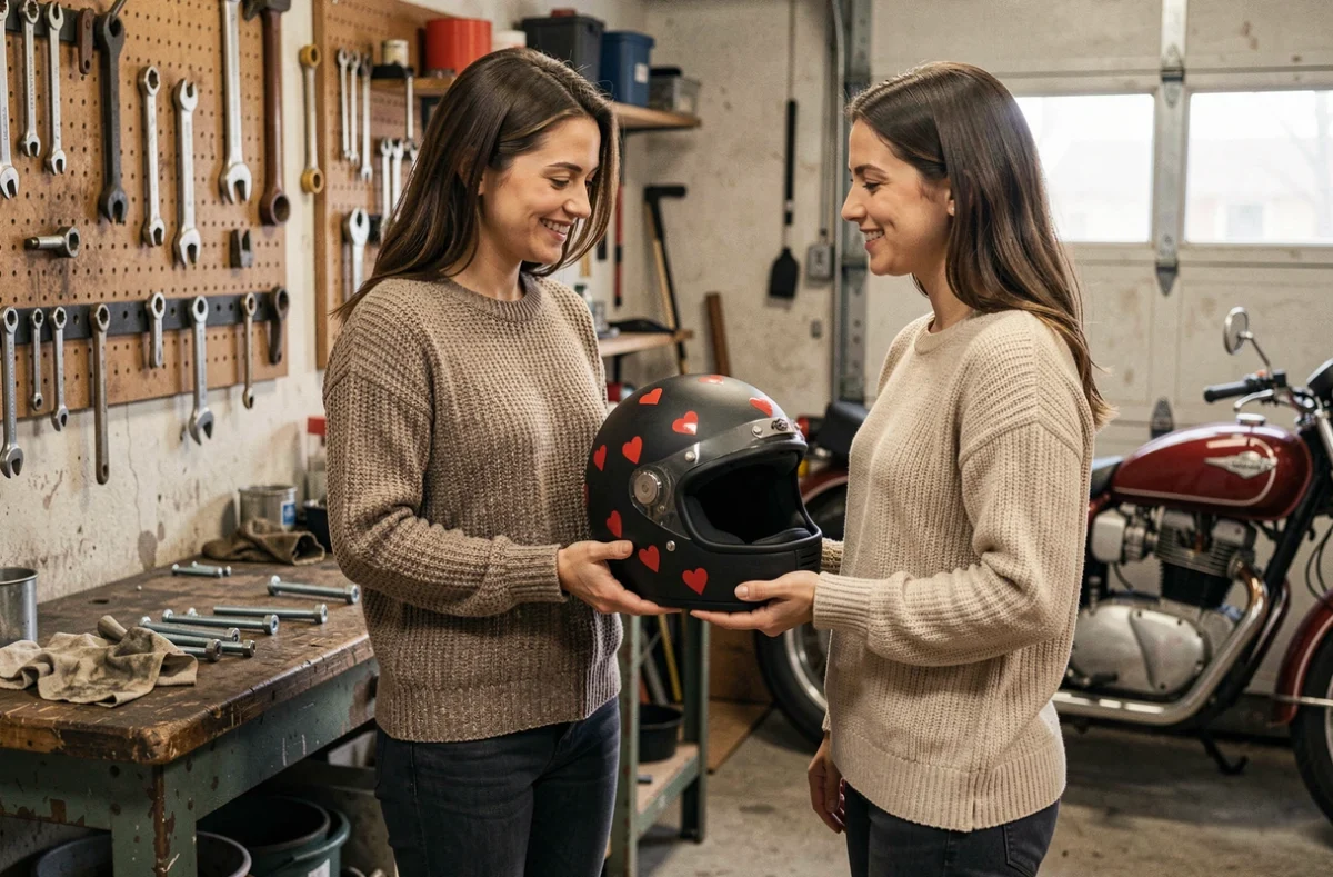 Femme offrant un casque de moto décoré de cœurs rouges à son partenaire dans un garage atelier authentique pour la Saint-Valentin