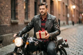 Motard homme tenant un cadeau de Saint-Valentin emballé avec un ruban rouge, assis sur une moto vintage dans une ruelle pavée