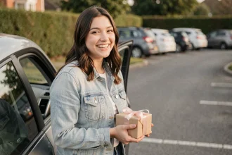 Jeune femme souriante tenant un cadeau pour célébrer l'obtention de son permis de conduire près d'une voiture