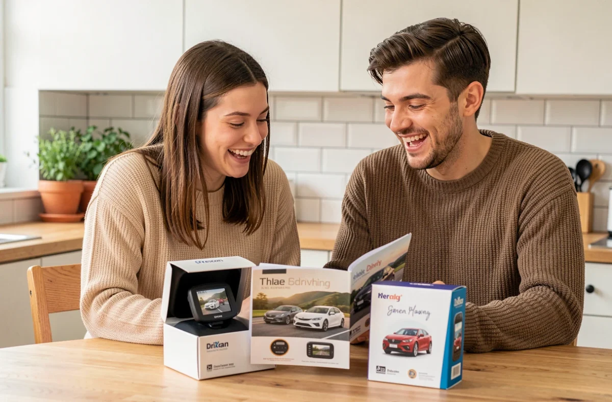 Deux amis riant ensemble autour de cadeaux liés au permis de conduire posés sur une table de cuisine