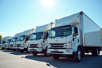 Ligne de camions de livraison d'occasion dans un dépôt en plein jour