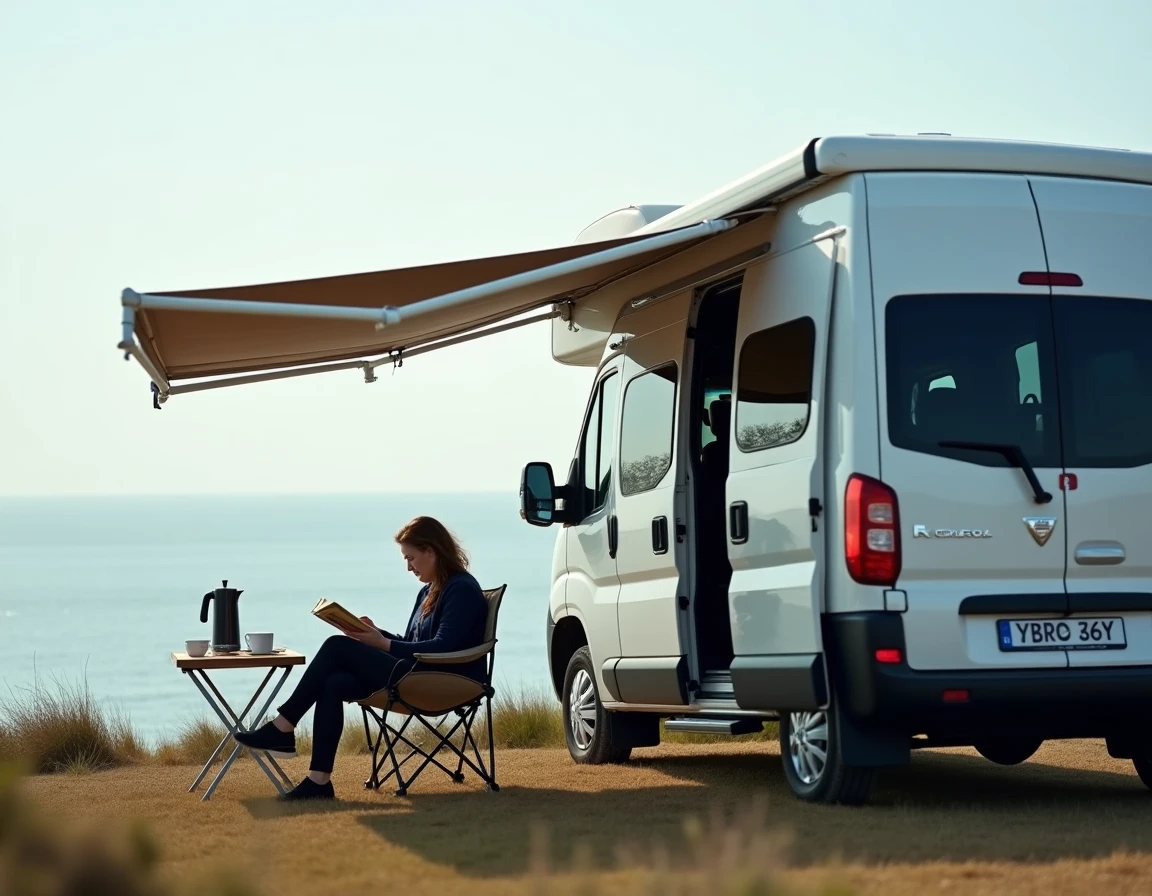 Camping-car Dacia aménagé garé face à la mer avec auvent déployé et femme lisant sous l'auvent