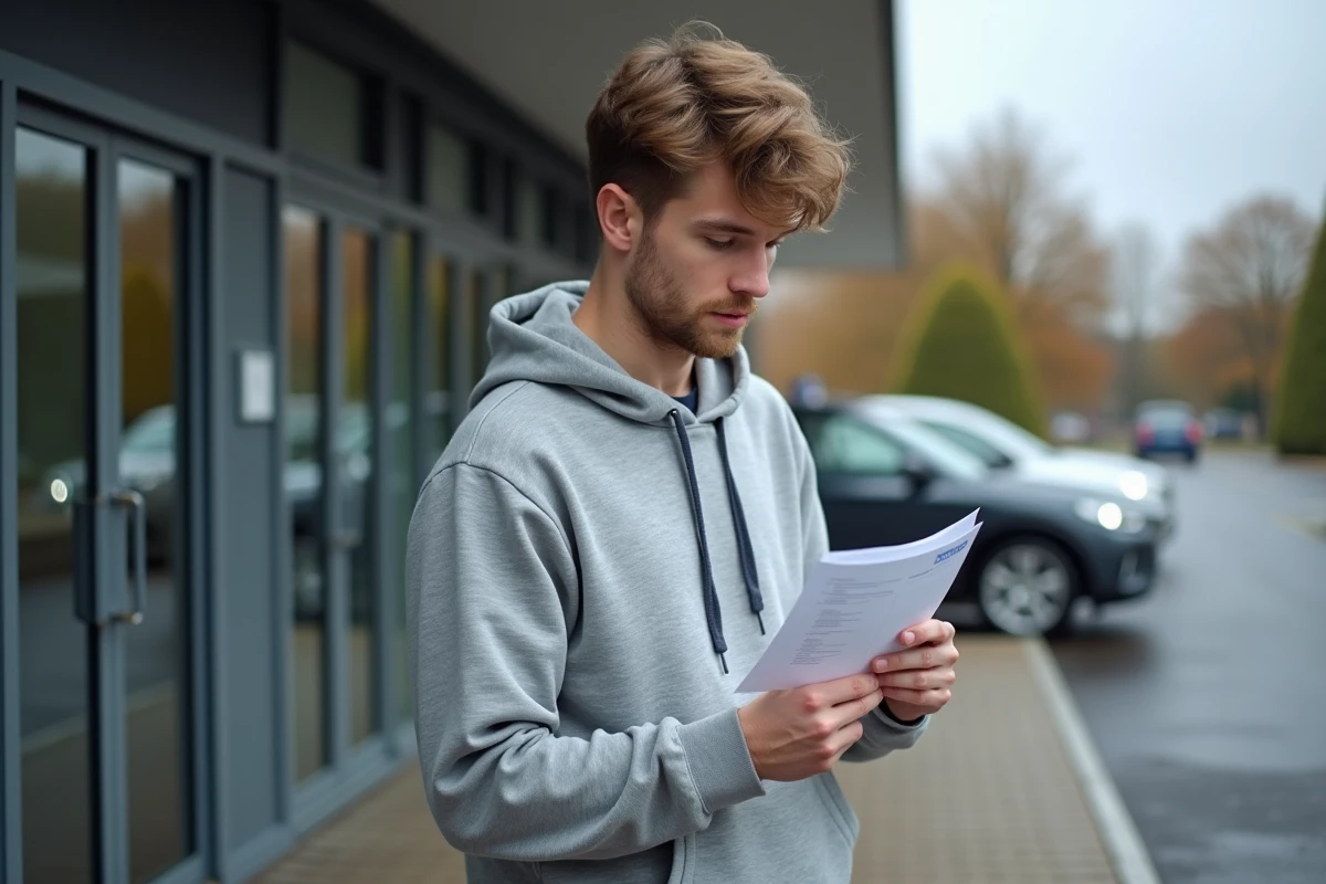 Candidat au permis de conduire consultant une grille d'évaluation devant le centre d'examen