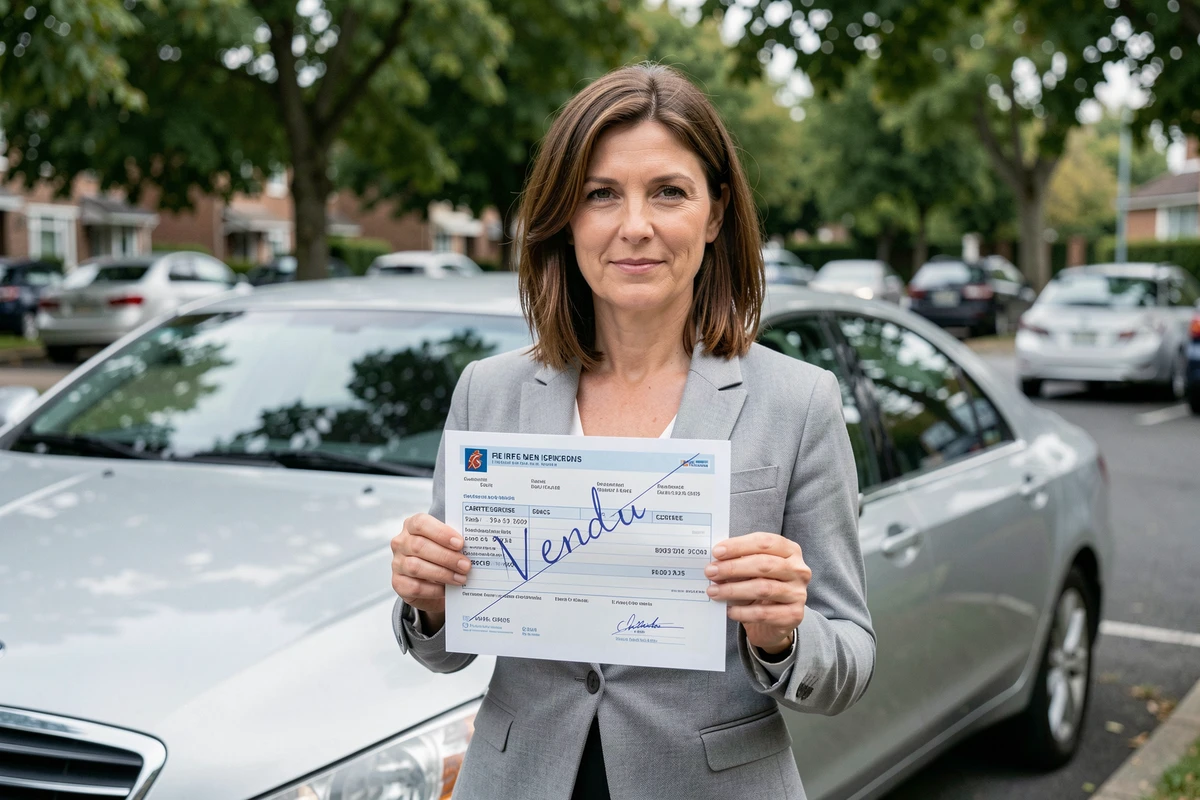 Femme tenant une carte grise barrée avec la mention vendu lors d'une cession de véhicule