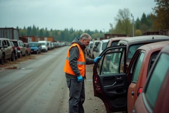 Casse automobile dans la région de Sélestat avec rangées de véhicules hors d'usage et ouvrier en gilet orange