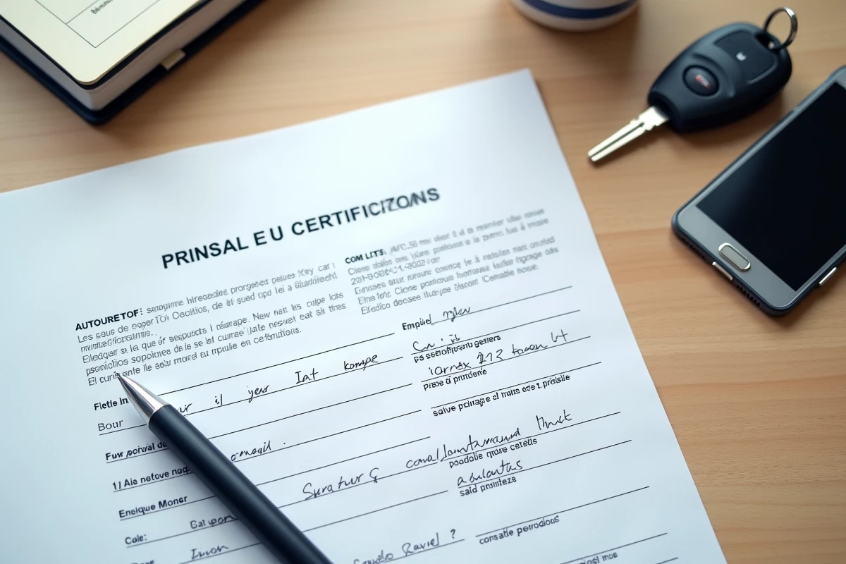 Vue aérienne d'un certificat de cession auto rempli posé sur un bureau avec un stylo, des clés de voiture et un smartphone affichant un PDF