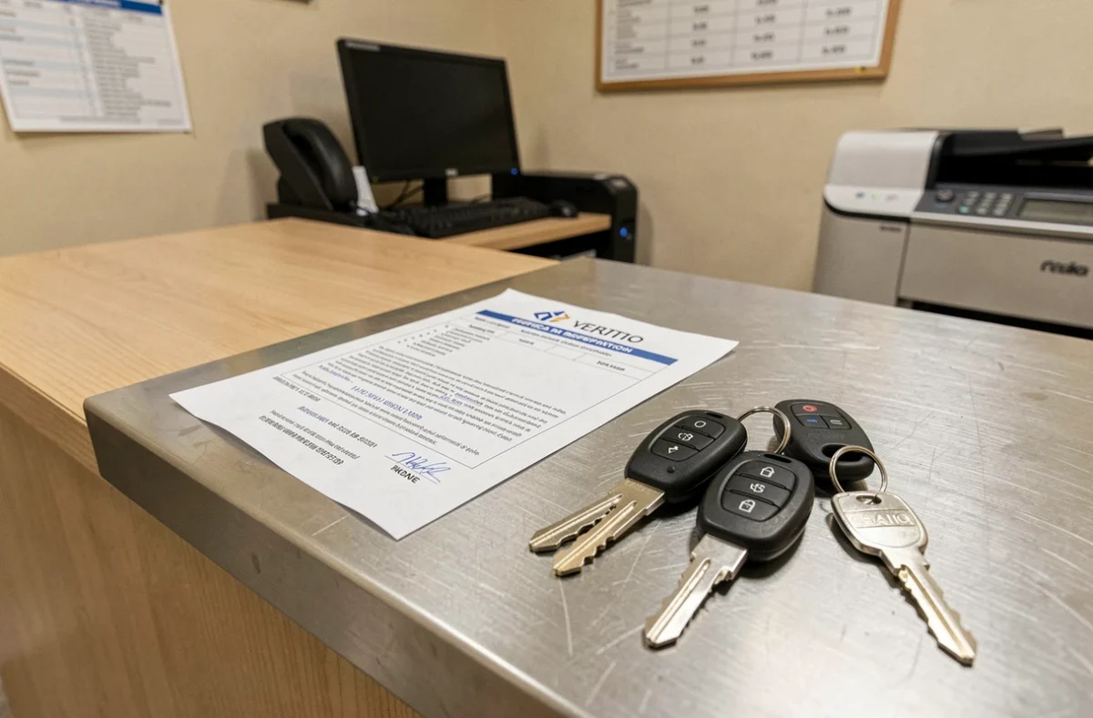 Certificat de contrôle technique et clés de scooter et moto posés sur un comptoir de réception