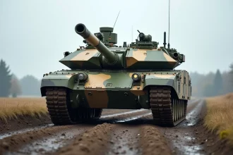 Char Challenger 2 en camouflage en terrain boueux