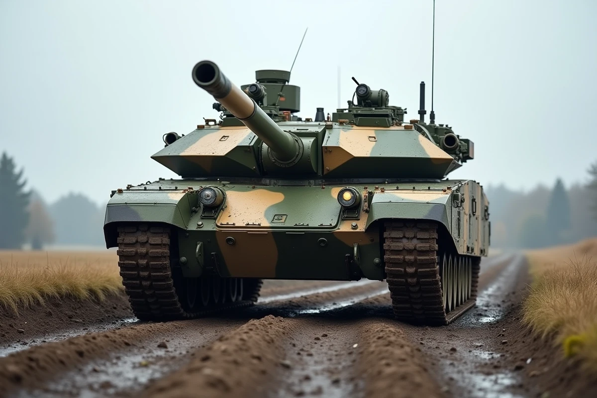 Char Challenger 2 en camouflage en terrain boueux