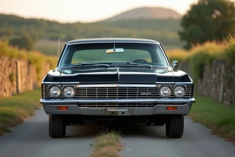 Chevrolet Impala 1967 noire garée sur une route de campagne française avec collines en arrière-plan