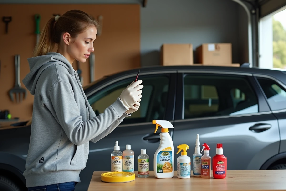 Femme en garage comparant des produits rénovateurs pour plastiques extérieurs avant traitement de sa voiture