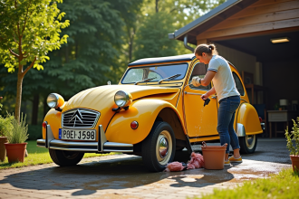 Voiture Citroën 2CV vintage dans une cour en été
