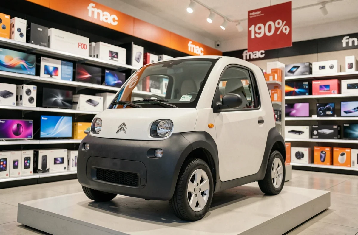 Citroën Ami exposée à l'intérieur d'un magasin Fnac avec étiquette de prix visible