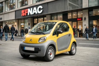 Citroën Ami garée devant un magasin Fnac en centre-ville, vue 3/4 avant