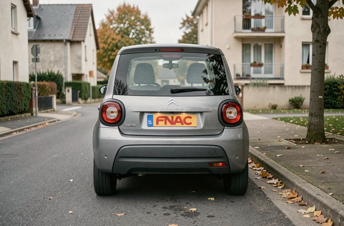 Vue arrière de la Citroën Ami avec sticker Fnac dans une rue résidentielle française